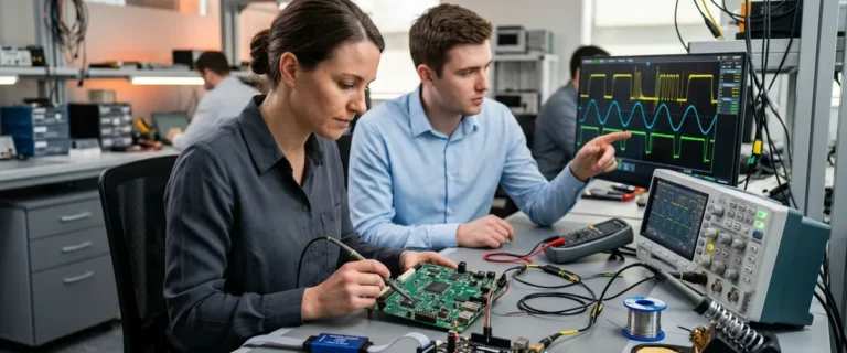 Embedded systems engineers debugging firmware on a development board with an oscilloscope in an engineering lab
