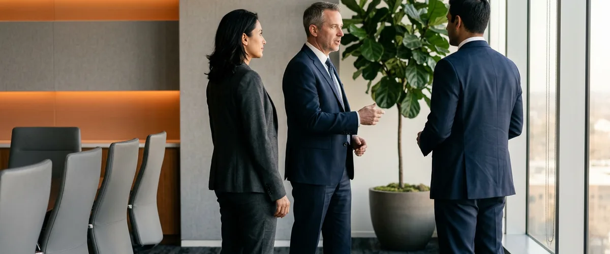 Enterprise leaders discussing ERP hiring strategy in a modern corporate meeting room