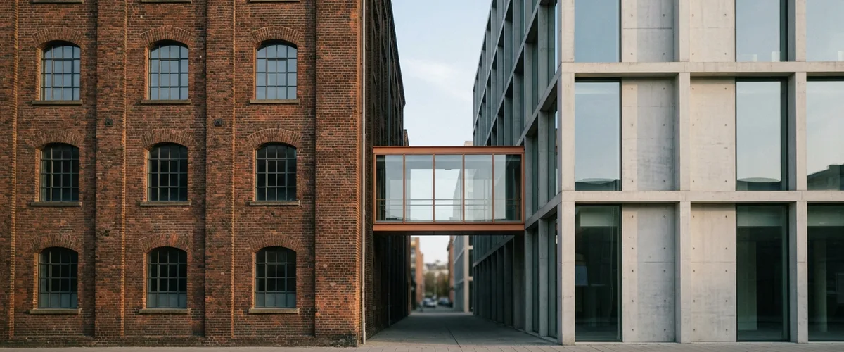 Glass skybridge with an orange steel frame connecting an old brick warehouse to a modern concrete and glass building, for a post on transferable skills