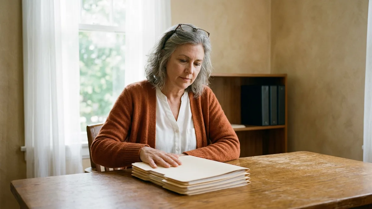 Insurance agent in an orange cardigan reviewing a stack of blank manila policy files at an oak desk in a small-town agency office