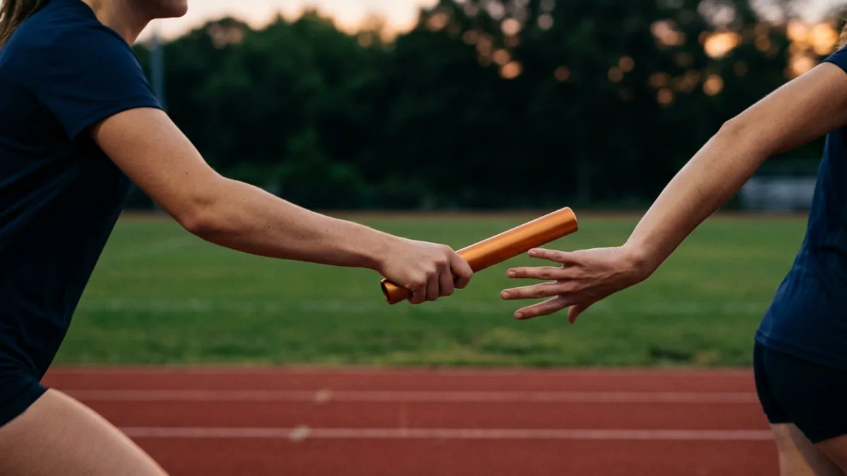 Close-up of a relay runner passing an orange baton into a teammate's open hand on a red running track at dusk