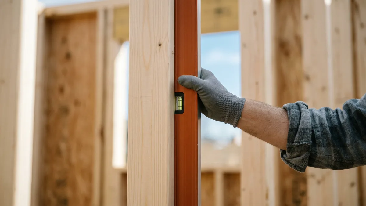 Gloved hand holding an orange spirit level against a pine wall stud to check that it is plumb