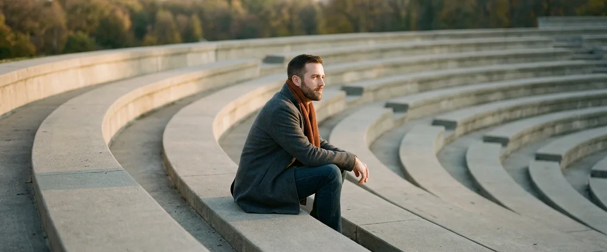 Software engineer in a burnt orange scarf sitting alone on the concrete steps of an outdoor amphitheater at golden hour