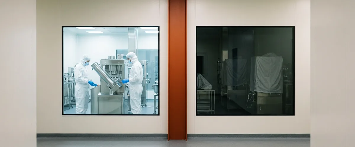 Two cleanroom suites seen from a plant corridor, one lit with operators at a tablet press and one dark and idle