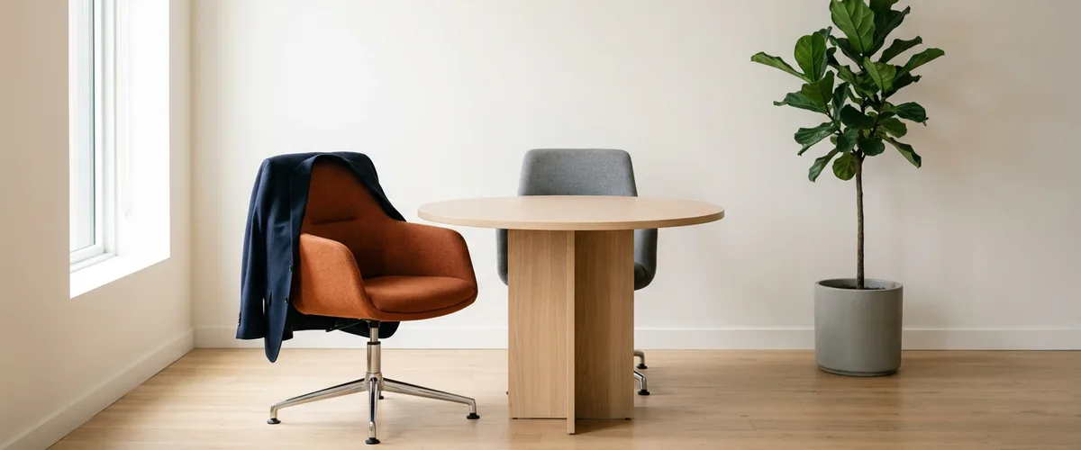 Empty orange office chair with a navy blazer draped over it at a small oak table, representing a part-time fractional CIO seat