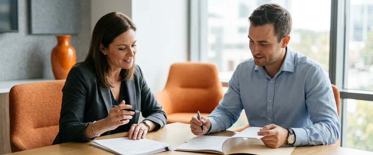 Employer and staffing agency representative reviewing a printed contract staffing agreement at a conference table