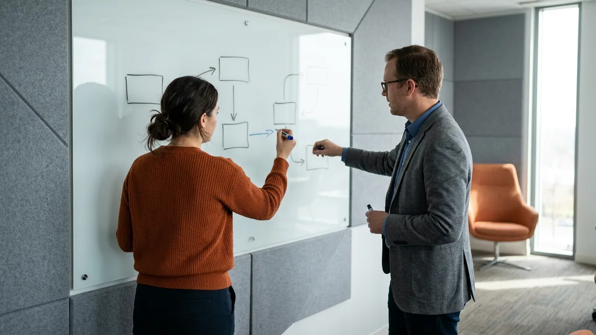 Security leaders at a whiteboard sorting which cybersecurity work to hire for and which to contract