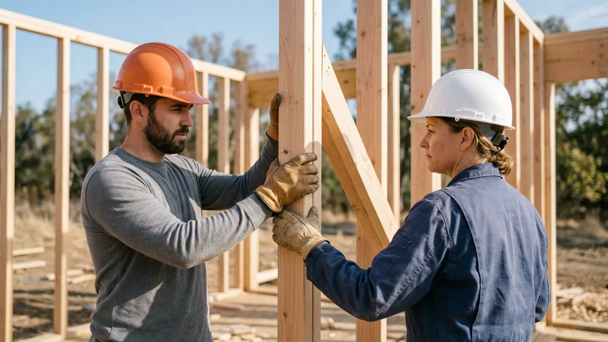 Two carpenters in hard hats setting a wall stud on a house frame, the industry most state misclassification laws target