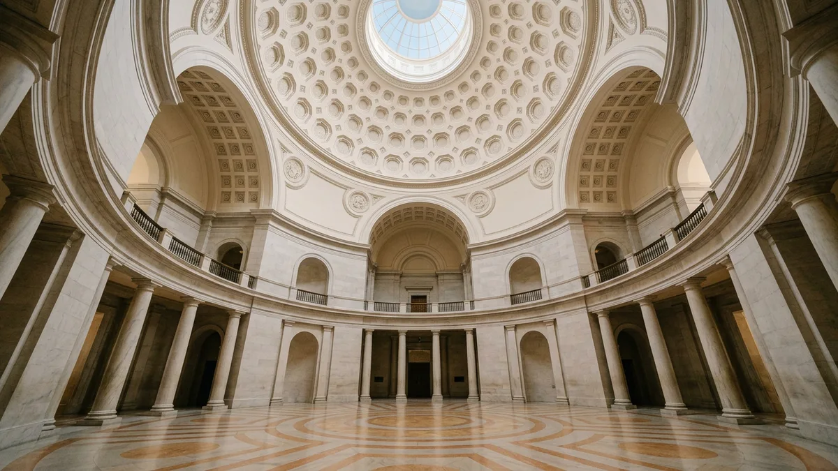 Marble rotunda and coffered dome inside a state capitol, where misclassification penalty laws are written