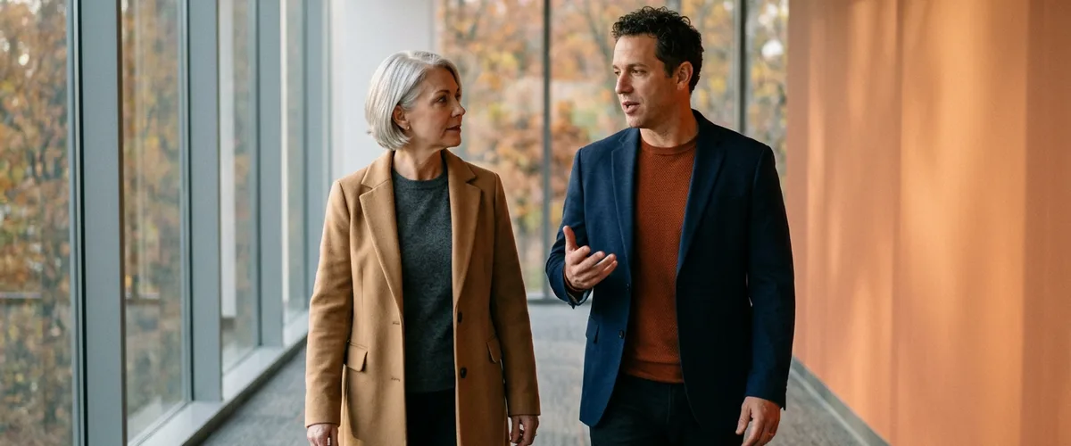 Finance leader and IT director walking an office corridor in autumn, discussing how to use year-end budget on contract talent