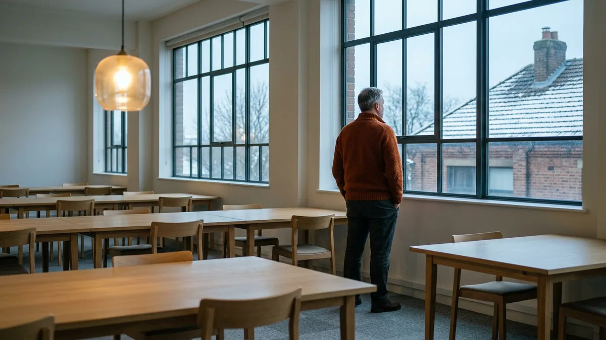 Manager standing at a window in an empty office in January, after the year-end contractor budget has closed