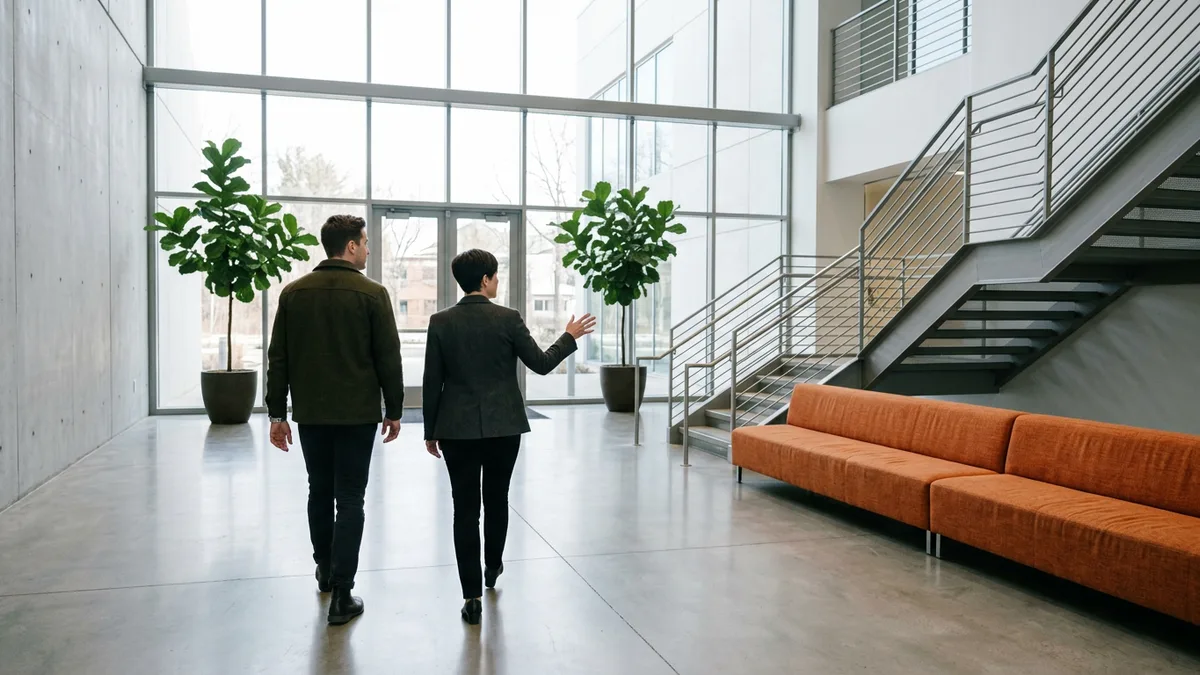 Hiring manager walking a new contractor through an office lobby on the first day of a year-end contract engagement