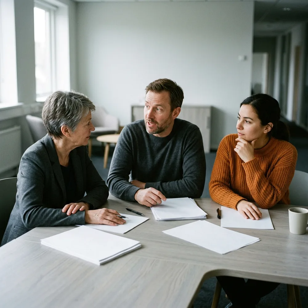 Three accounting colleagues seated together at the corner of an office table working through blank worksheets, one listening with her chin on her hand in an orange sweater