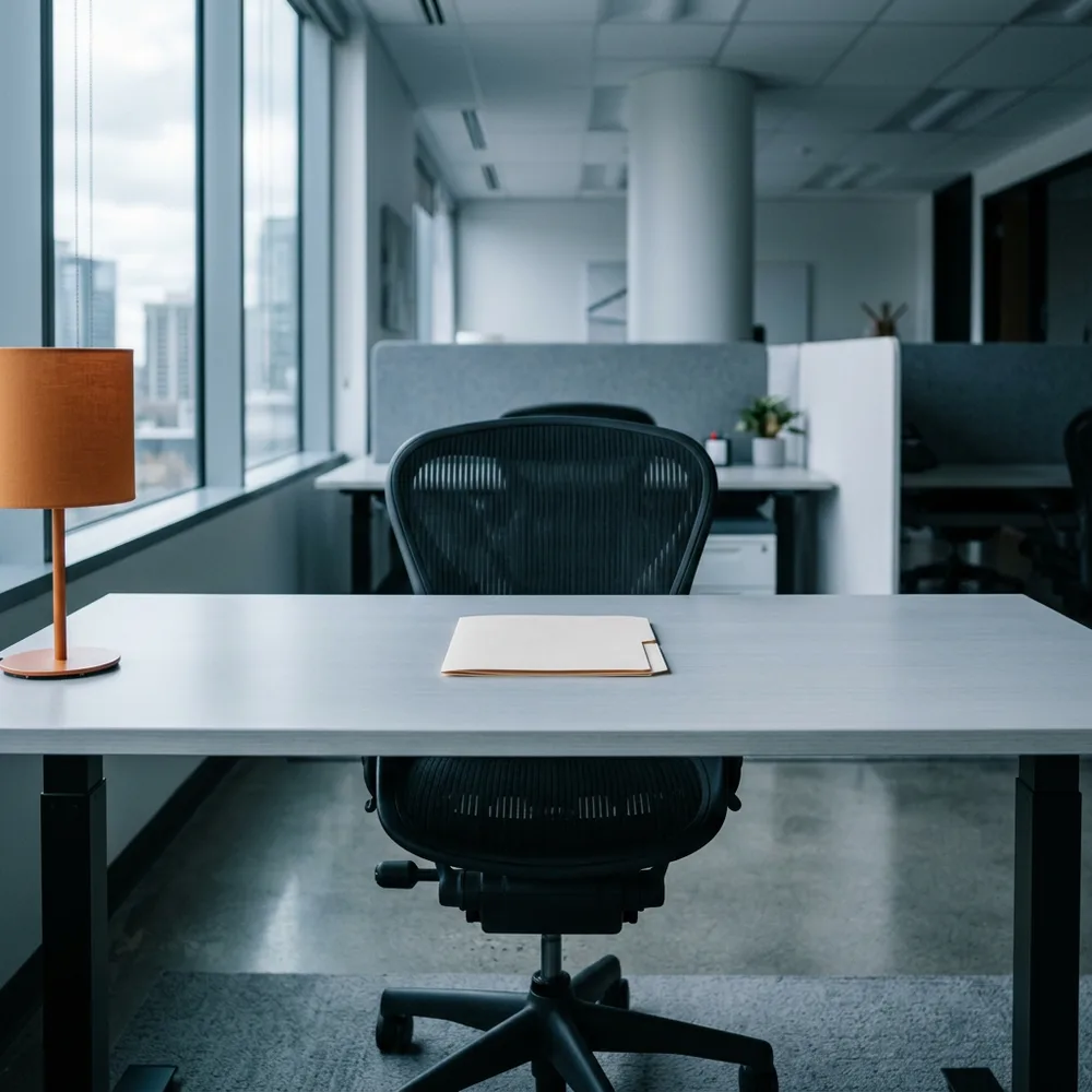 A cleared office desk at the end of a project with one plain closed folder squared up in the centre, the chair pushed in and a switched-off orange desk lamp at the edge