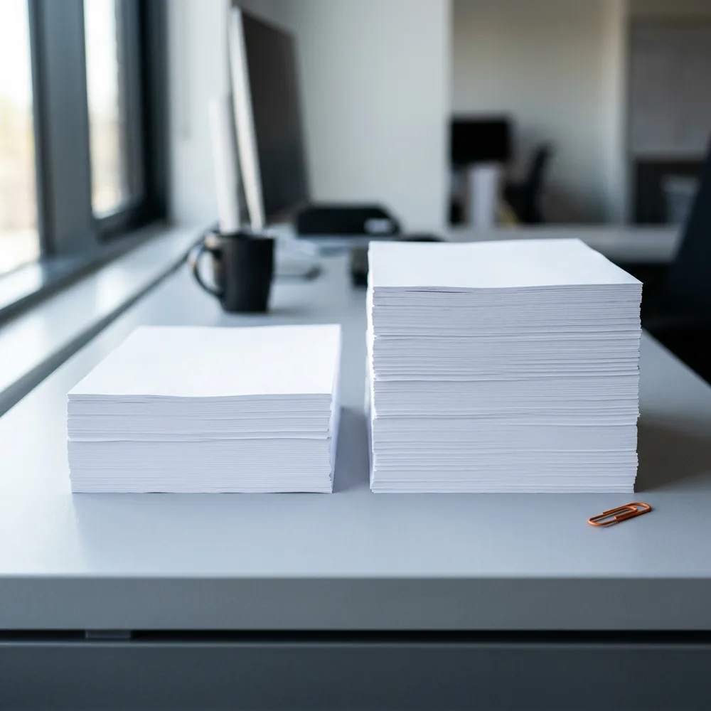 Two separate stacks of blank white paper side by side on a cool grey counter, the right stack taller than the left, with a single orange paper clip beside it