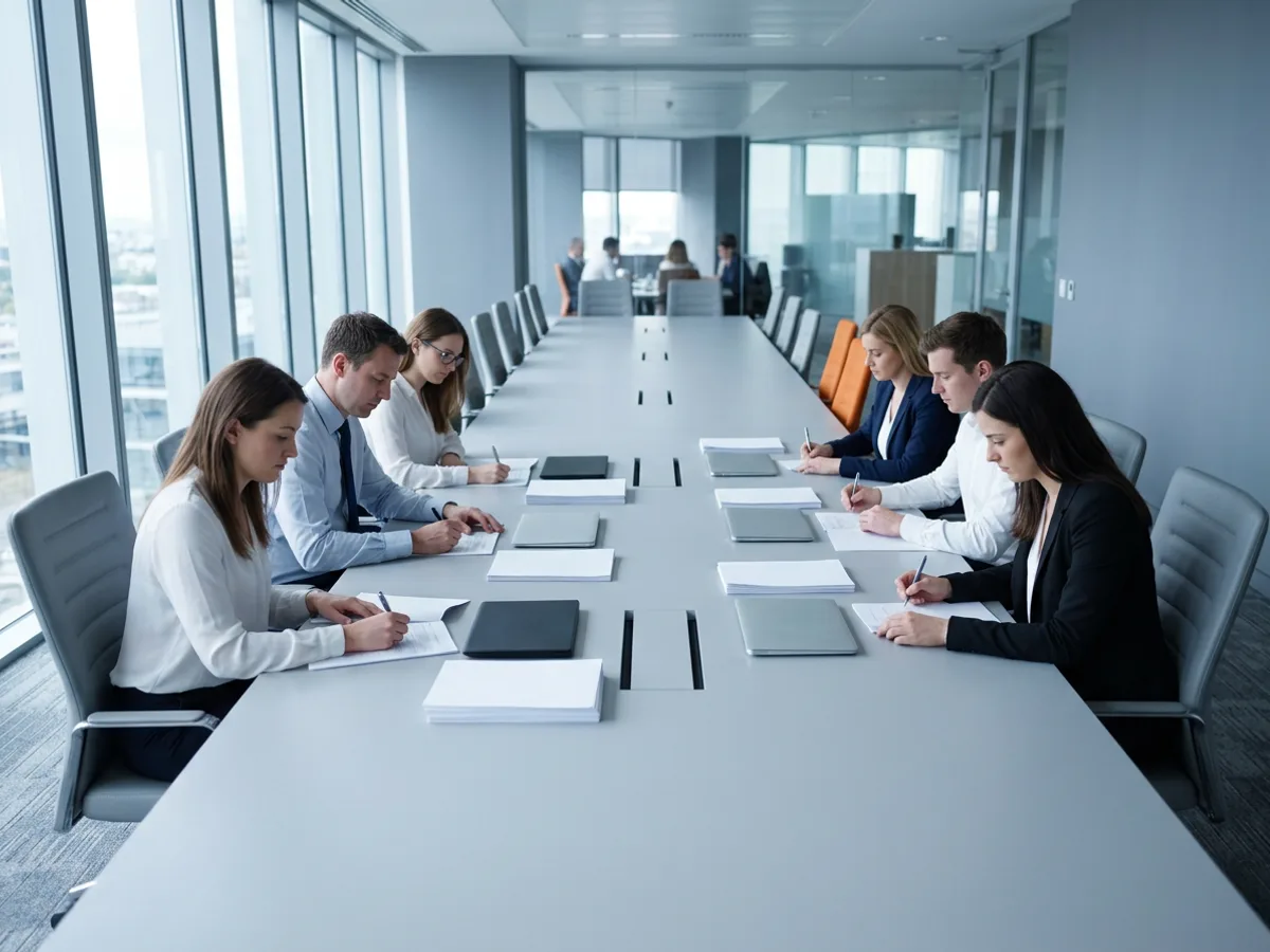 Six accountants working in two separate groups at opposite halves of one long conference table, with an empty gap between the groups, in a cool grey mid-market finance office