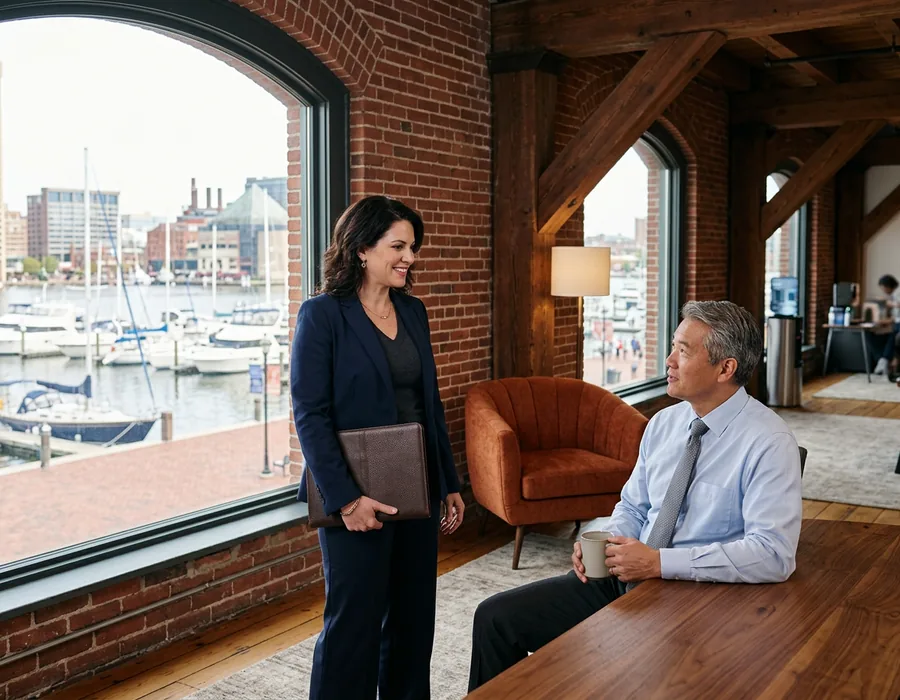 Finance director and controller meeting in a converted brick office overlooking the Baltimore harbor