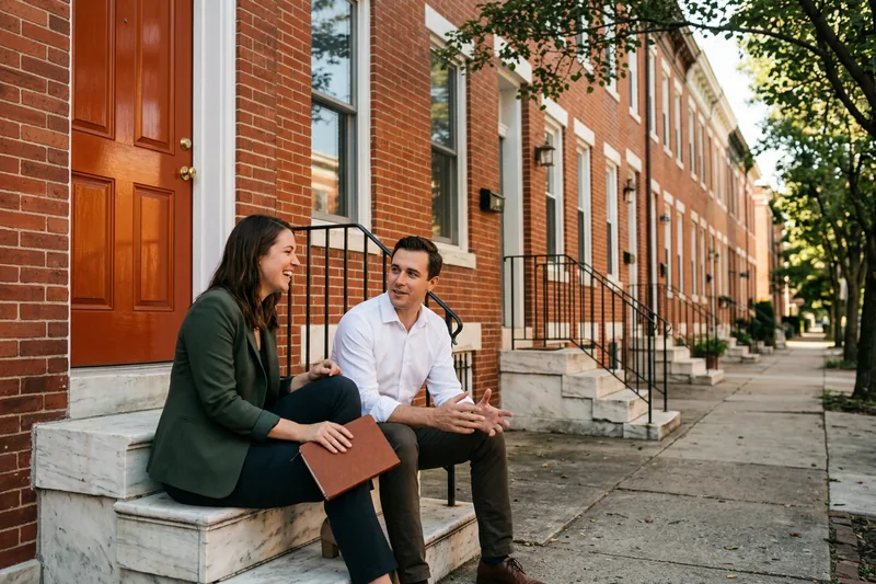 KORE1 recruiter and a hiring manager talking on the white marble steps of a Baltimore rowhouse office