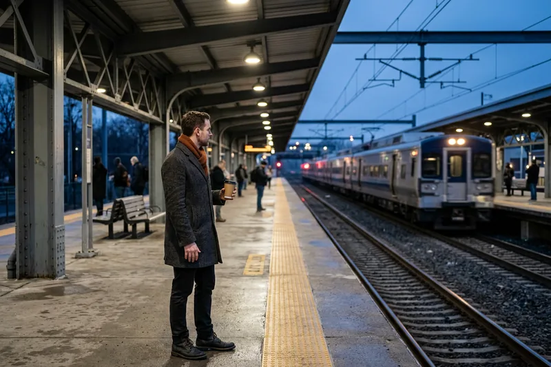 Finance professional waiting on a Baltimore commuter rail platform as a regional train arrives