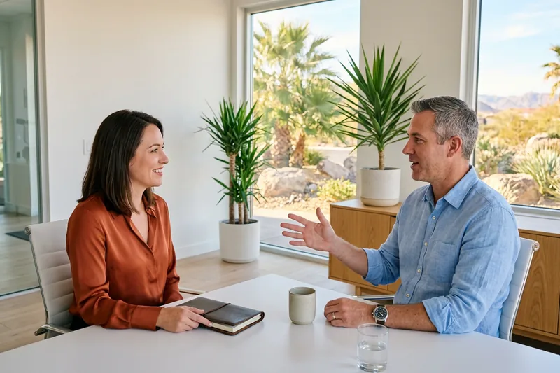 KORE1 recruiter and a Henderson hiring manager talking through a finance shortlist in a bright office
