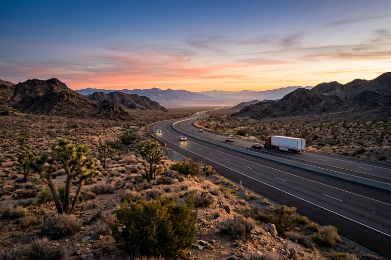 Interstate 15 crossing the Mojave Desert toward Las Vegas at sunrise
