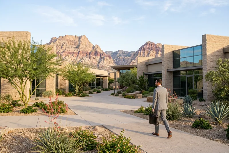 Finance professional crossing a Summerlin office plaza with the Red Rock Canyon cliffs in the distance