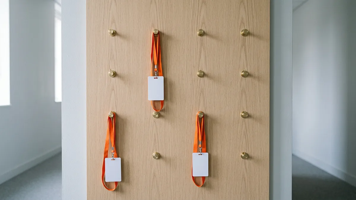 Oak pegboard wall of brass hooks with three orange lanyards still hanging and most hooks empty, a picture of acquired engineers leaving a team in stages