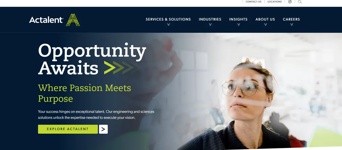 Actalent homepage showing Allegis Group engineering and sciences staffing with embedded coverage, ranked number five for 2026