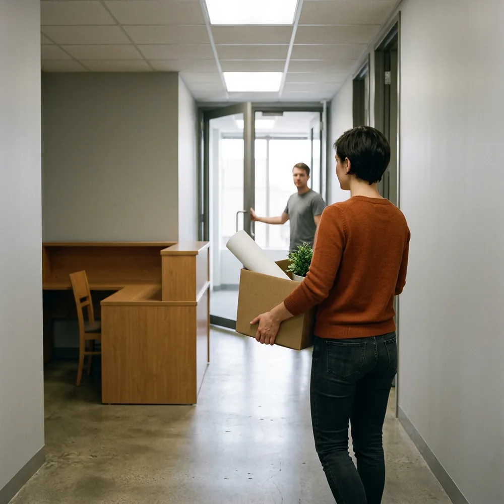Creative carrying a plain cardboard box with a rolled blank sheet and a plant down an office corridor as a colleague holds a glass door open