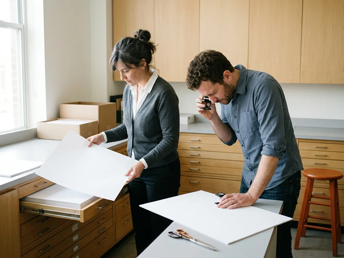 Agency print finishing room where a creative lead lifts a blank sheet from a flat-file drawer while a colleague checks a second sheet with a loupe beside an orange stool