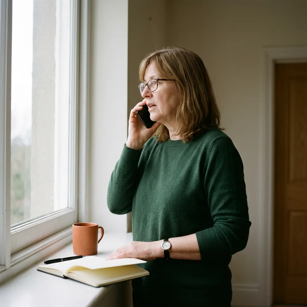 Recruiter standing at a tall office window on a call with a blank open notebook propped on the sill beside an orange mug