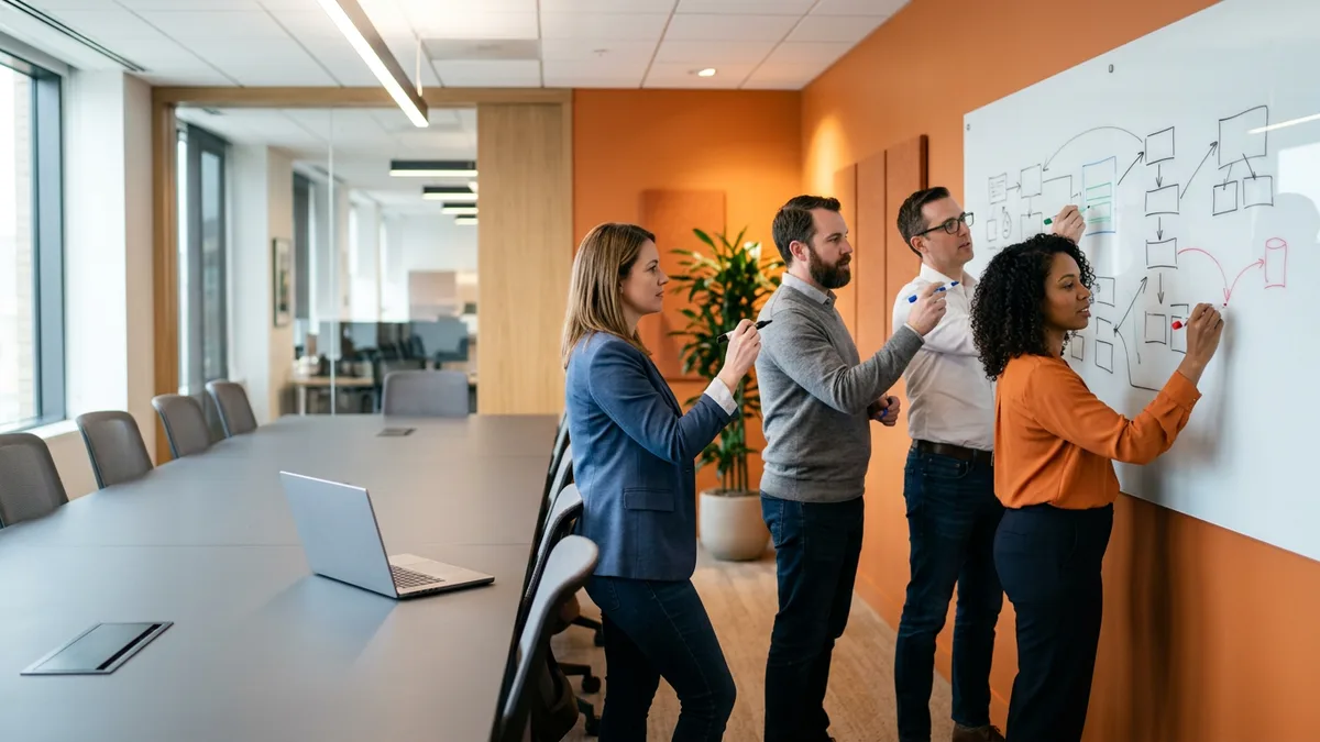 A team at a whiteboard mapping data flows while one closed laptop sits unused at the far end of the conference table
