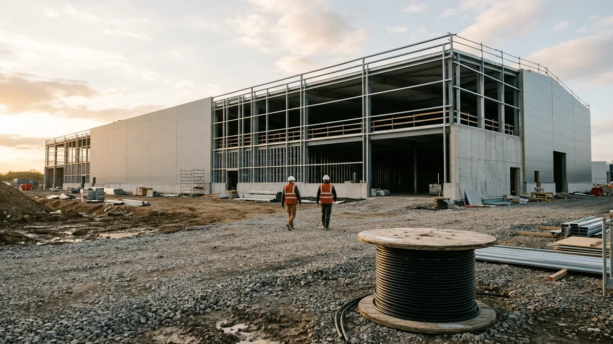 Two electricians in orange safety vests walking toward a data center under construction, the kind of jobs the AI build-out creates first