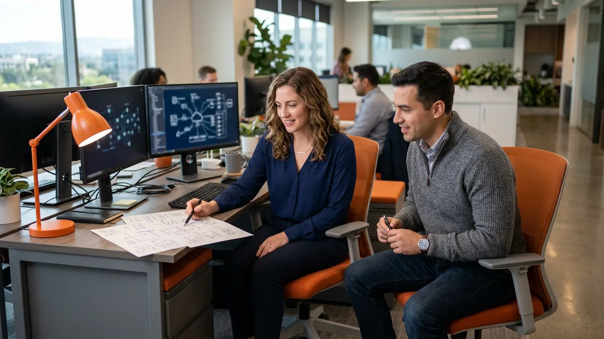 Two contract data engineers at a dual-monitor workstation reviewing a printed data pipeline diagram