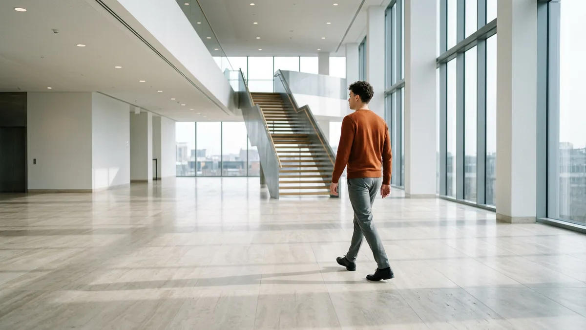 An early-career professional in an orange sweater walking across a bright office lobby, representing entry-level jobs affected by AI