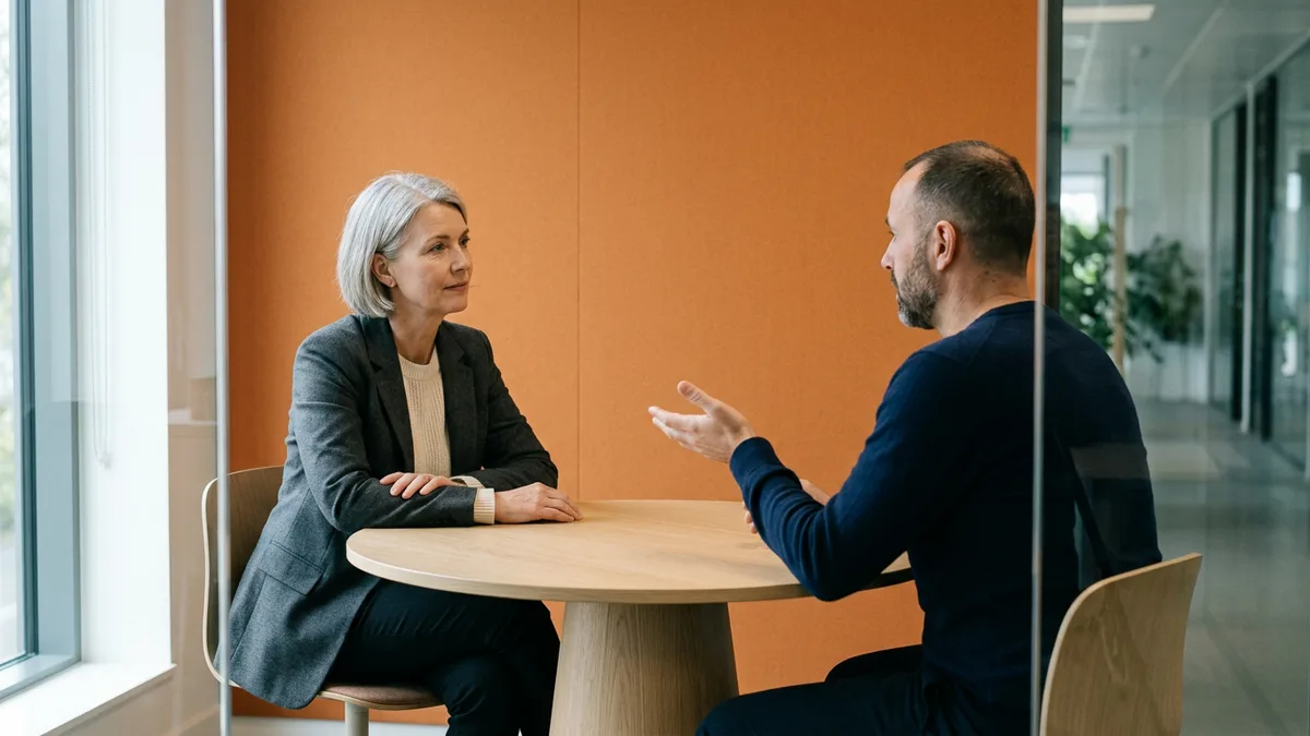 Two business leaders discussing an AI-era hiring plan at a round oak table in front of an orange accent wall