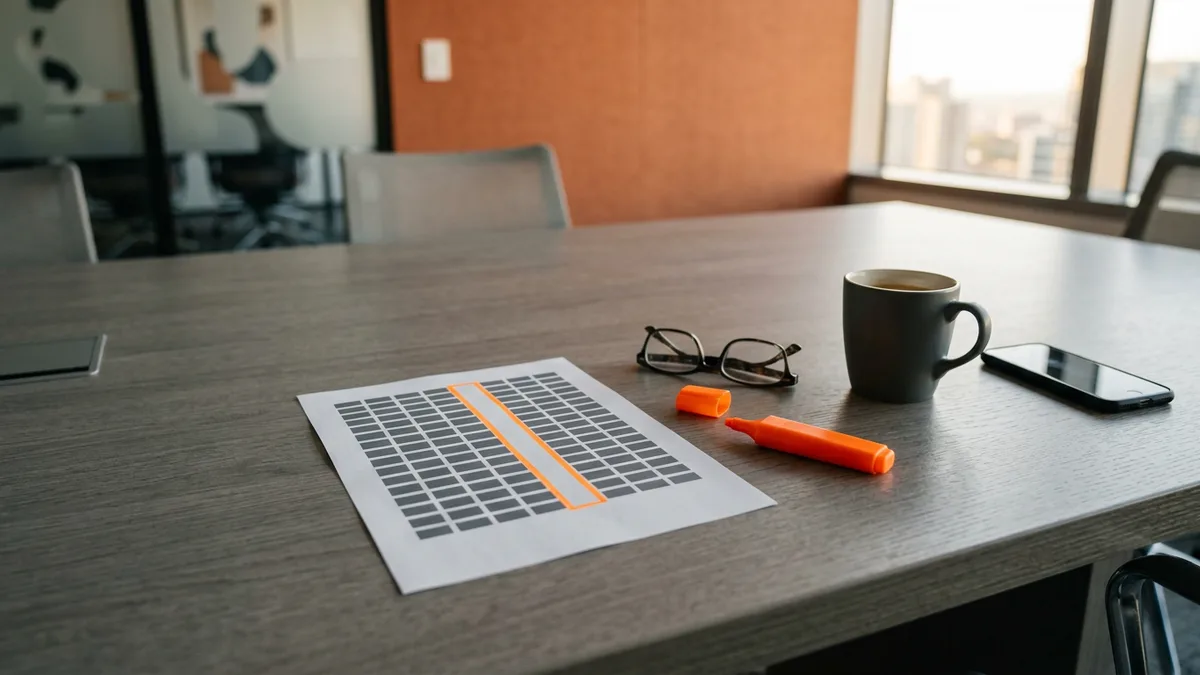 Printed AI pilot register on a conference table with one empty column outlined in orange highlighter beside reading glasses and coffee