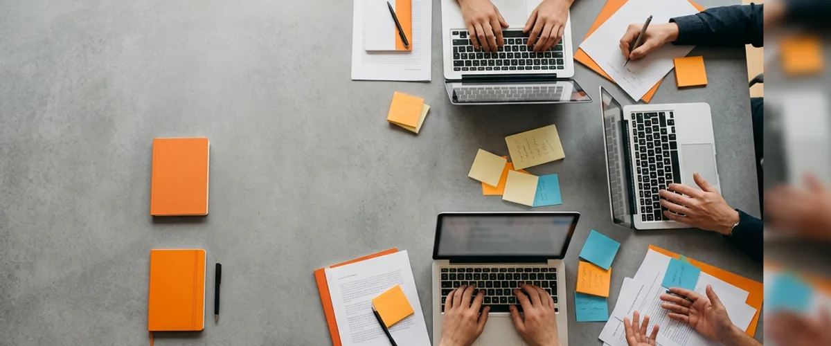 Overhead view of a table with one orange notebook alone and four people working together on laptops and papers