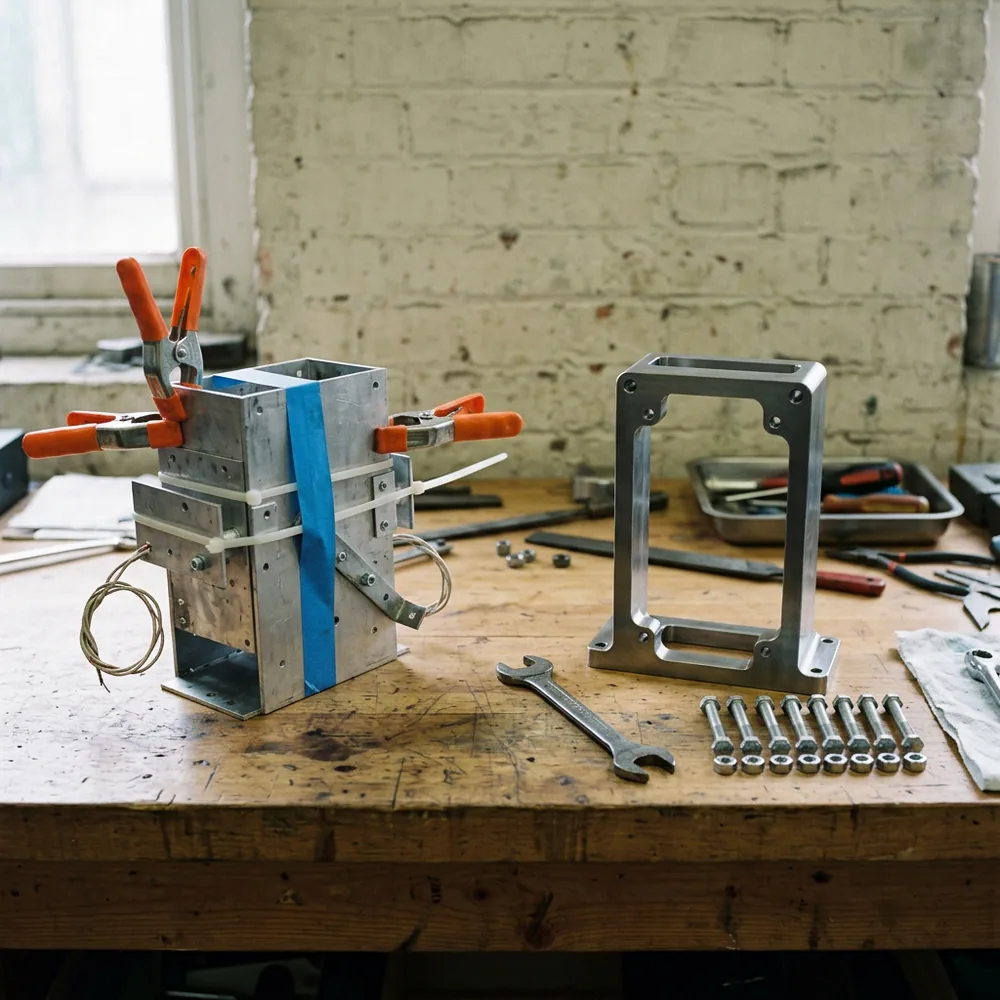 Hand-built aluminium prototype held together with orange spring clamps, blue tape and zip ties on a workbench beside a clean machined mounting frame and a row of bolts, a picture of the gap between an AI pilot and production