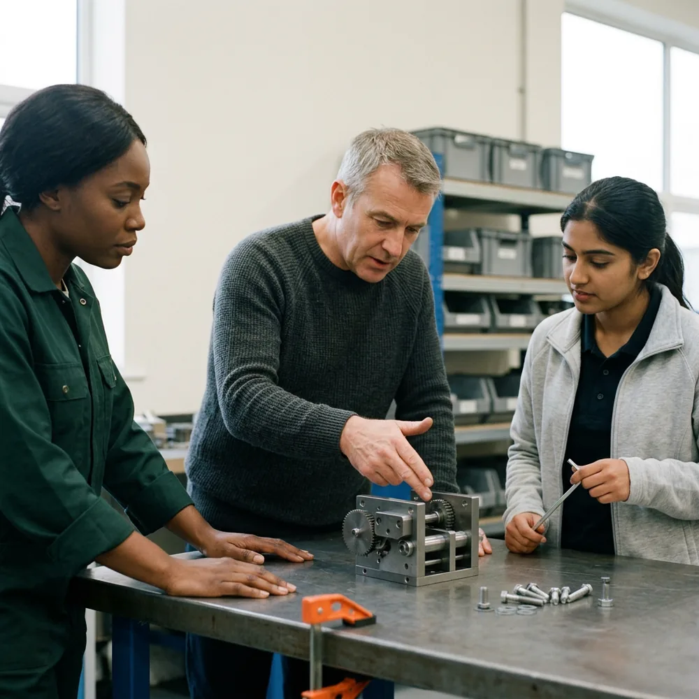 Three engineers standing at a steel workbench studying a small machined gear assembly, one pointing at it and one holding a steel rod, the size of contract team KORE1 puts on an AI implementation