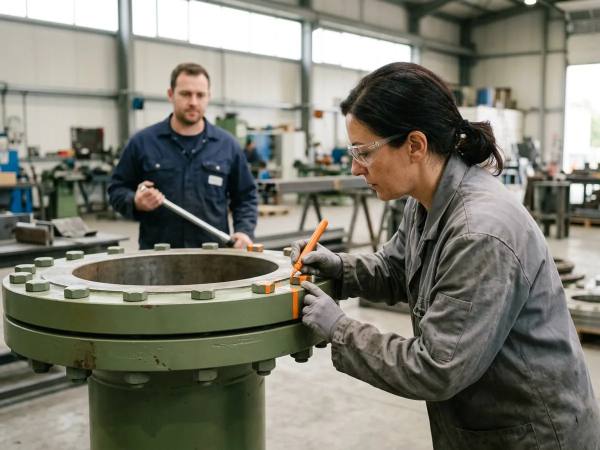 Inspector in safety glasses painting an orange witness mark across a hex bolt on an olive-green pipe flange while a colleague holds a torque wrench, the kind of checked and marked gate AI implementation services put a stalled pilot through