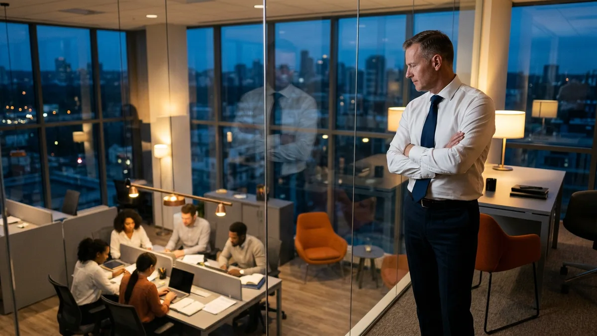 Hiring manager in a glass-walled office at dusk watching a small team work while weighing a contract bridge against a permanent rehire