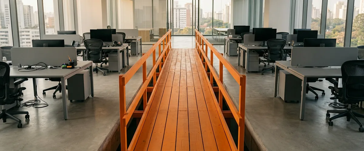 Orange temporary plank walkway spanning a gap in an office floor between two identical desk clusters, representing a contractor bridge after AI layoffs