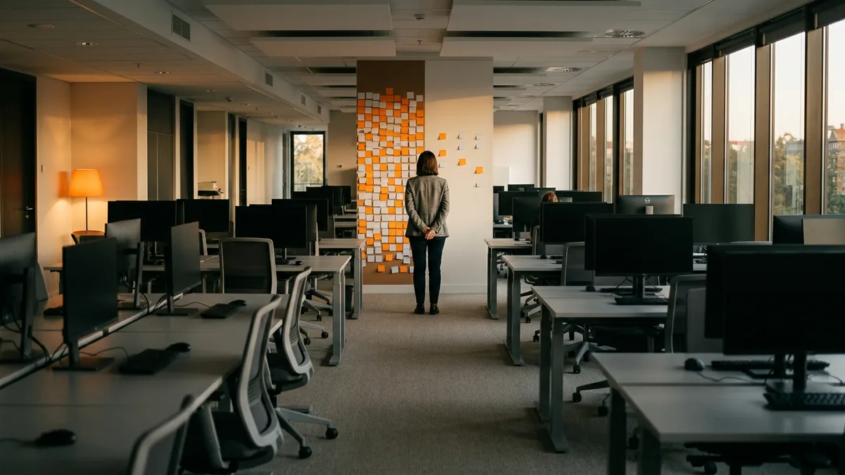 Manager standing in an open-plan office with half the desks empty, facing a wall of unresolved sticky notes after AI-driven layoffs