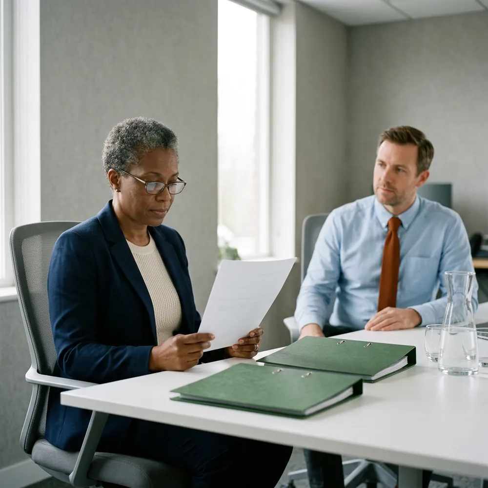 A committee member in reading glasses reads a single page of model documentation at a meeting table while a colleague listens, two green lever arch files beside them