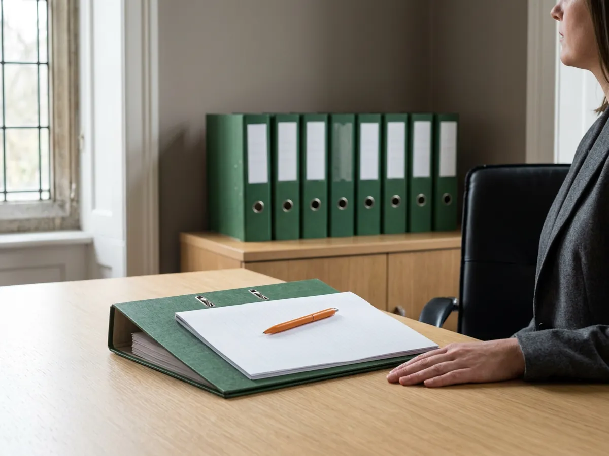 A short two-page model document with an orange pen on a closed green lever arch file in an insurance committee room, a shelf of labelled green model files behind it