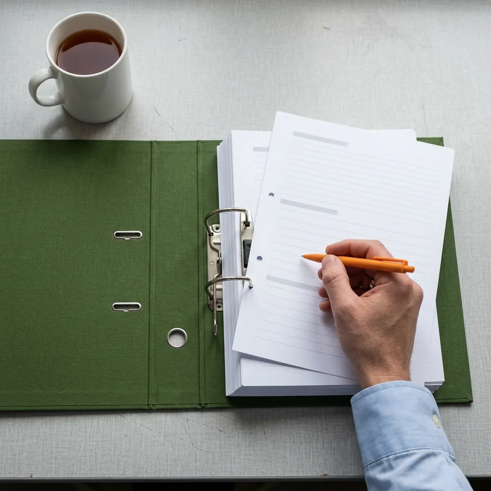 A hand with an orange pen writing on a single ruled page laid over an open green lever arch file of model documentation