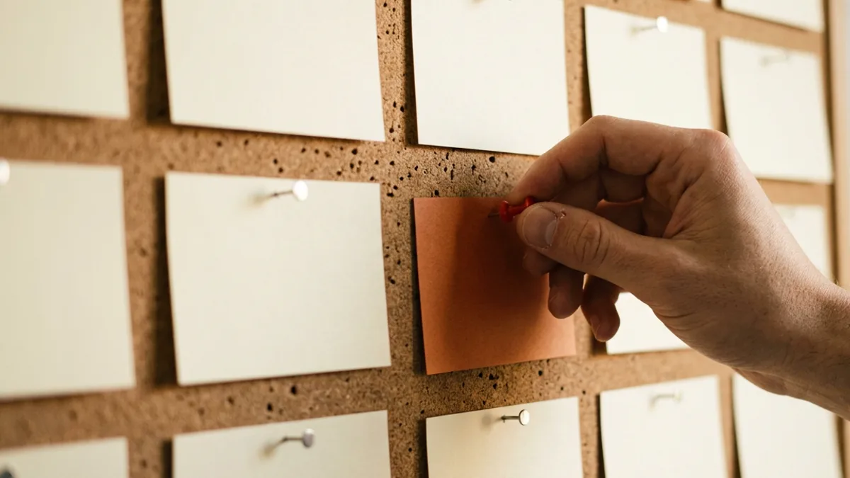 Close view of a hand pressing a red push pin through a burnt orange index card on a cork board covered in blank cream cards