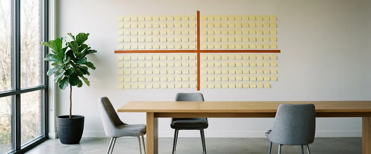 Empty meeting room with a wall of blank sticky notes divided into four quadrants by crossing strips of burnt orange tape, above a light oak table with three gray chairs