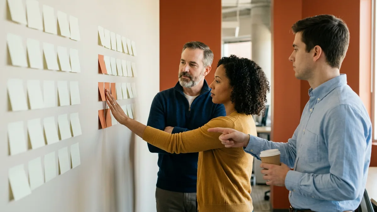 Three colleagues at a wall of blank sticky notes, a woman in a mustard cardigan pressing a burnt orange note into place while a bearded man in a navy sweater and a younger man in a blue oxford shirt look on
